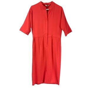 WLZD Designer Red Silk Midi Dress L V Neck Mandarin Collar Elegant Workwear NWT